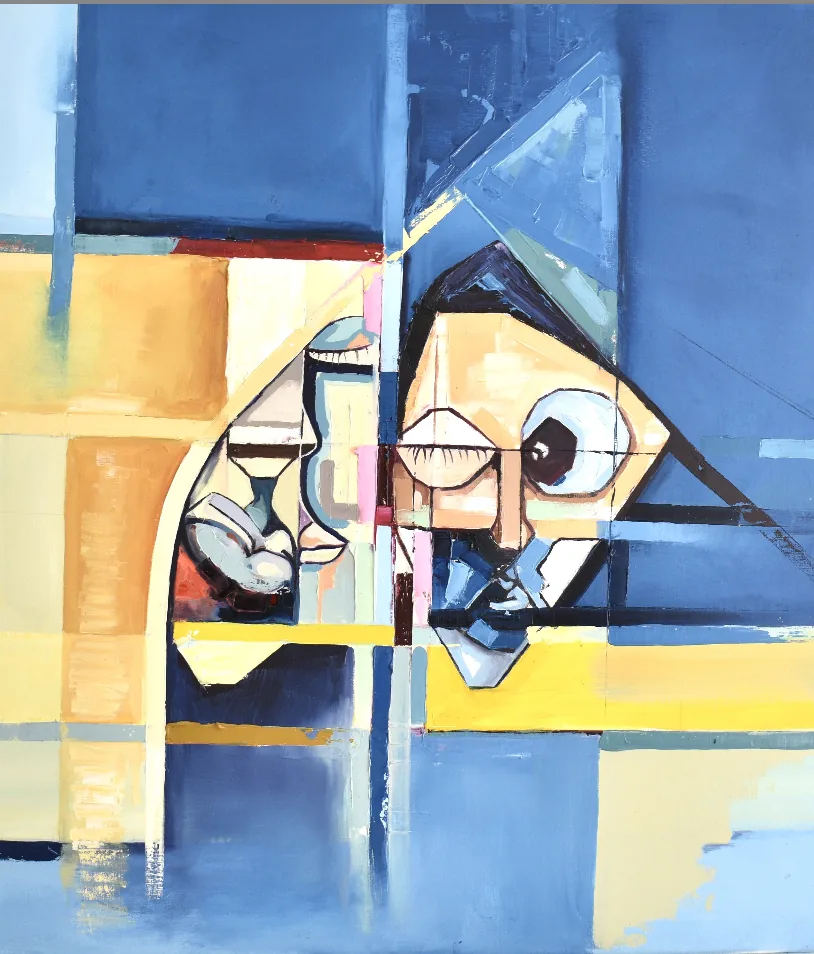 Figure in Blue, fragmentiertes Gesicht in Blau und Ocker