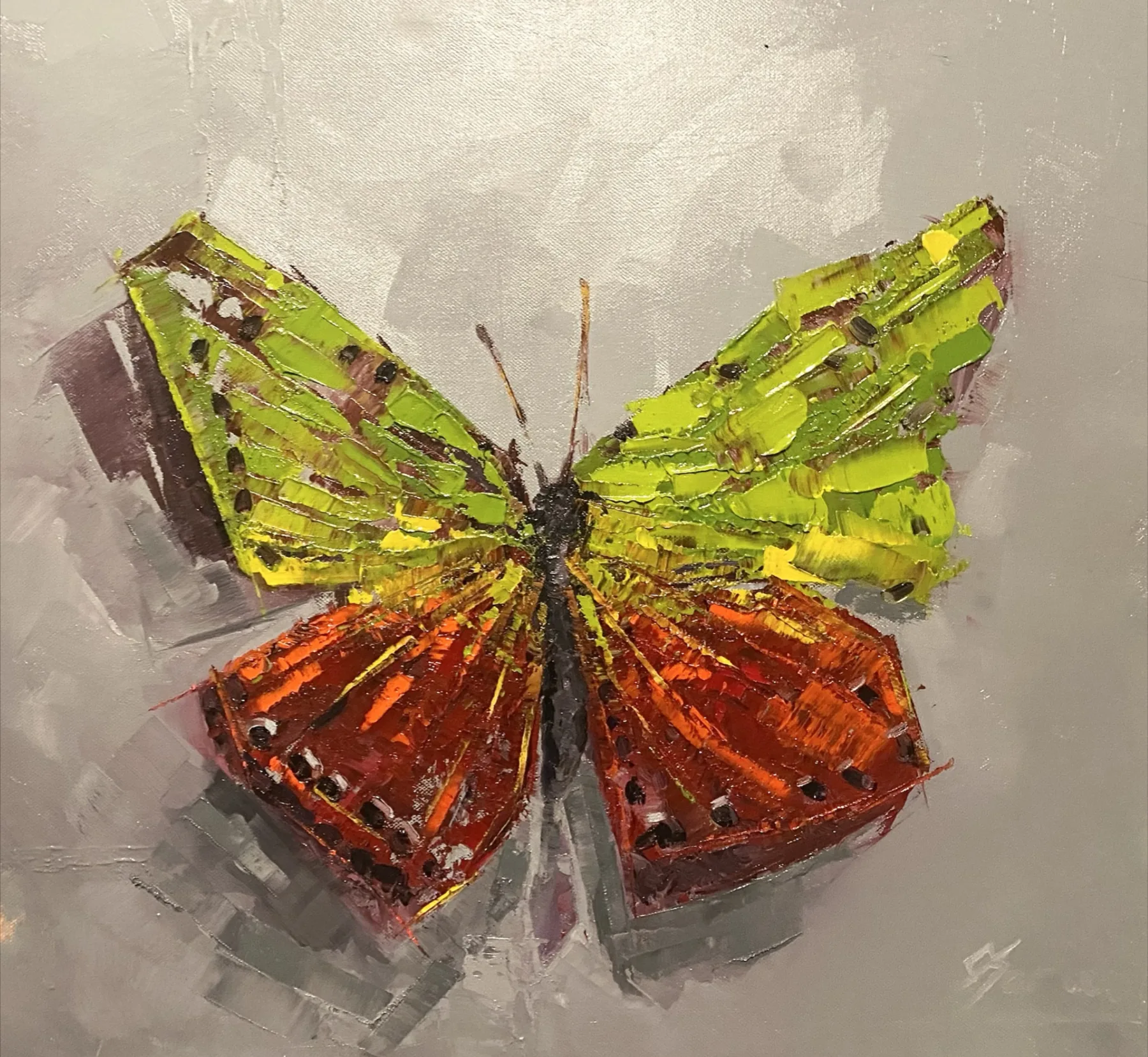 Wings n° II, roter und grüner Schmetterling auf silbergrauem Grund